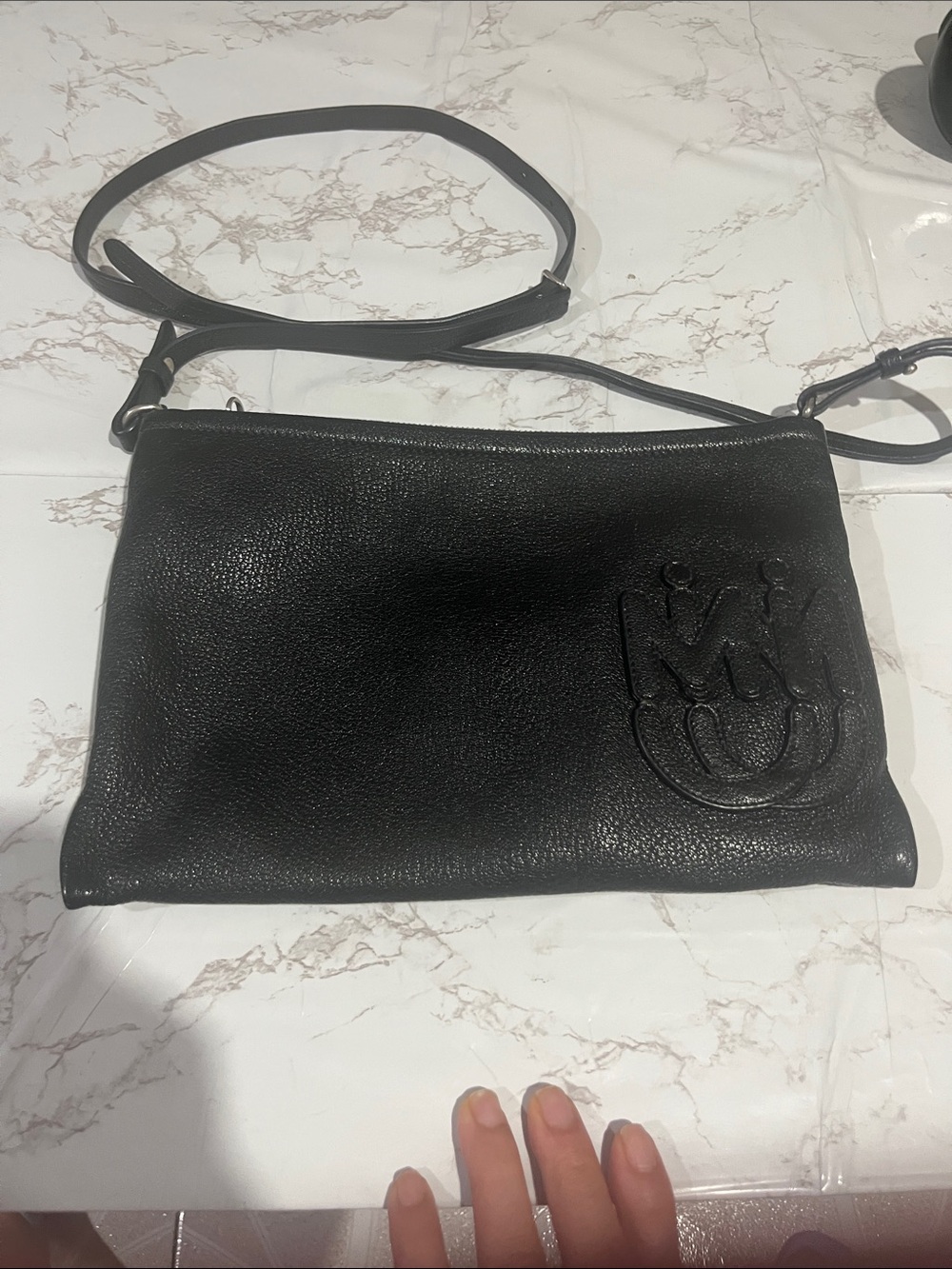 Black Leather Crossbody Bag with Embossed Logo